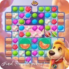 Match-3 game with a puppy character and colorful game elements