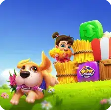 Puppy character in a decorated home environment with rewards