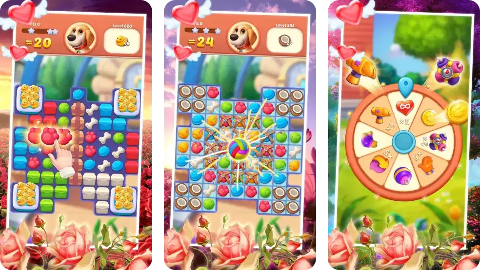 Three screens showing different puzzle levels and animations in the Puppy Diary game