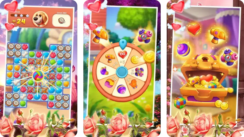 Three screens featuring mini-games and puzzles from Puppy Diary, including a fortune wheel and fruit collection