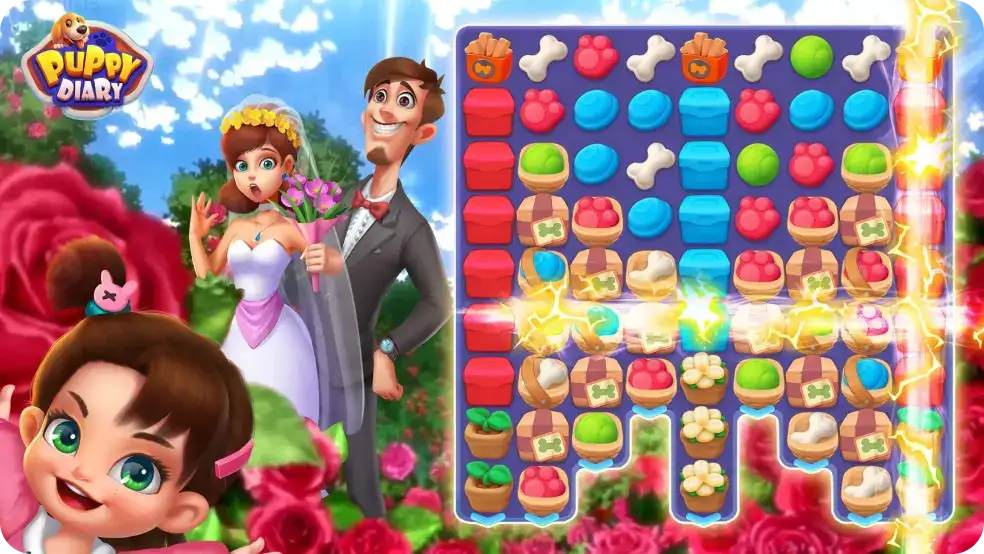 Gameplay screen with characters standing against a wedding scene background in Puppy Diary