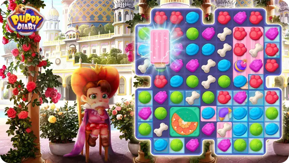 Gameplay with a puzzle level and a character in a pink outfit against a palace background in Puppy Diary