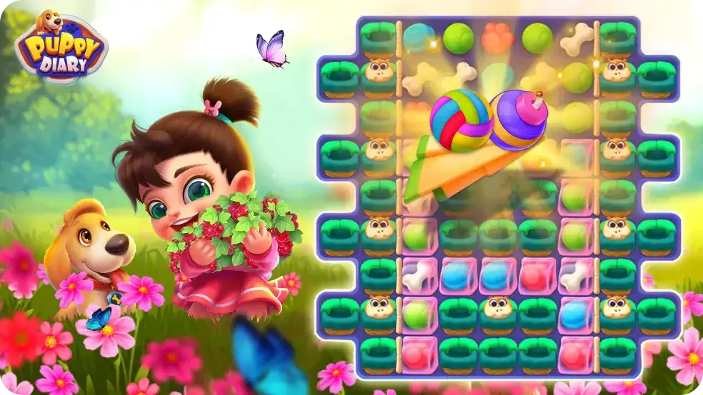 Gameplay with a puzzle and characters enjoying nature in the Puppy Diary game